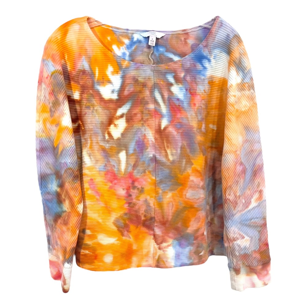 Time and Tru Small Top Handmade Tie Dye Ribbed Knit Long Sleeve‎ Blue Orange 620